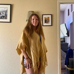 Ruana Poncho Wrap Tan with Fringe